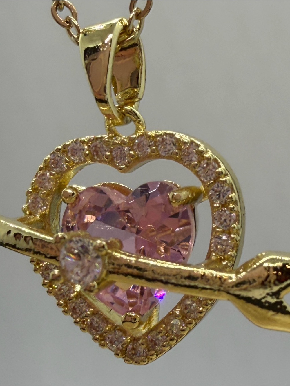 Gold-Tone Heart Pendant Necklace with Pink Heart Crystal